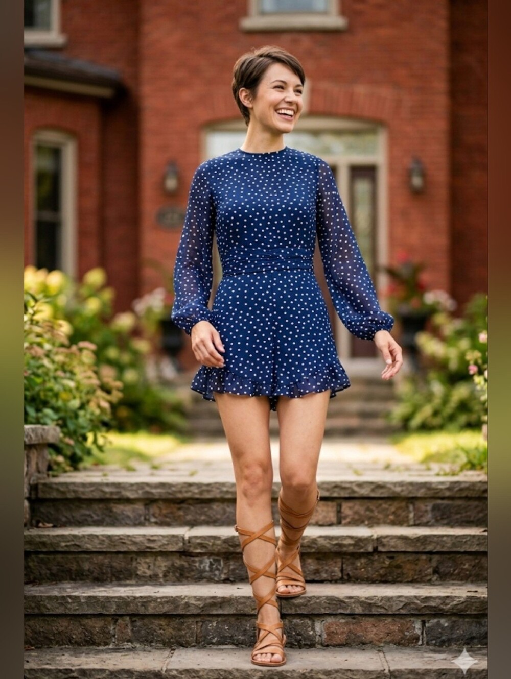 H&M Polka Dot Lightweight Long-sleeved Keyhole Romper / Sz 2 / Navy blue, white